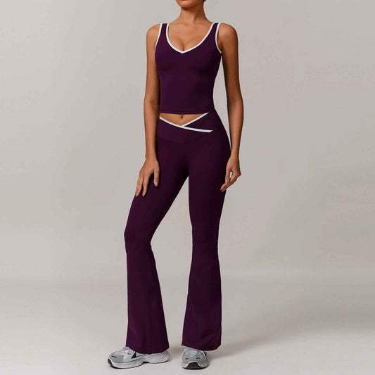 Women’s Contrast-Color V-Neck Sports Vest – Sexy Tight-Fit Workout Set