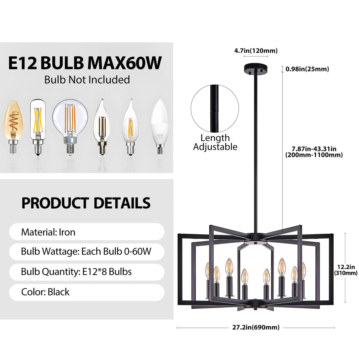 27-Inch Black Geometric 8-Light Chandelier (United States Delivery Only)