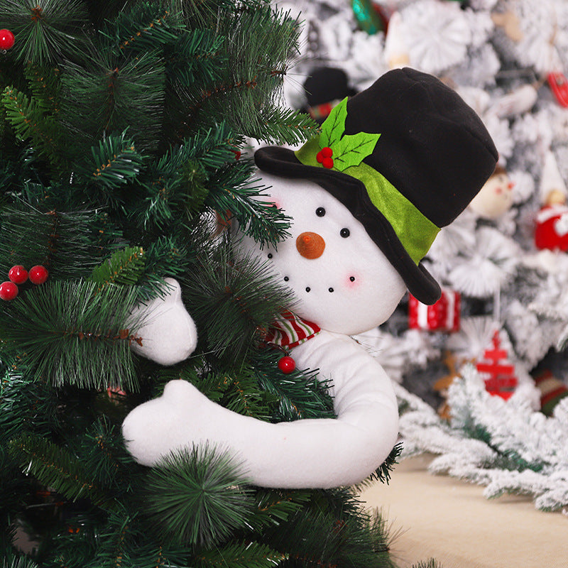 Plush Santa Claus & Snowman Tree Hugger Ornament, Christmas Tree Top Hugger Decor, Cloth Holiday Figurine