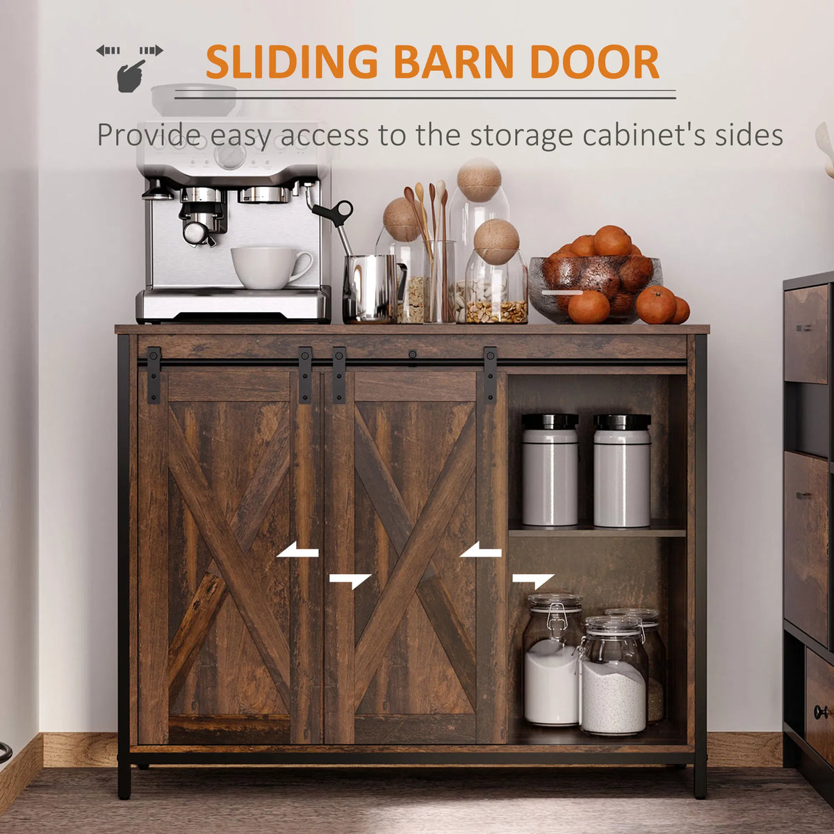 Industrial Rustic Brown Buffet Cabinet – Kitchen Sideboard with Sliding Barn Doors, 3 Drawers & Adjustable Shelves (United States & Canada Delivery Only)