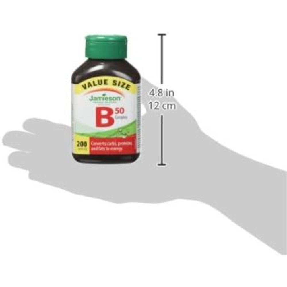 Jamieson Vitamin B50 Complex, Blend of 8 Essential B Vitamins, with Folate for Cellular Health, Supports Energy Production and Metabolism. Vegetarian, Non-GMO. Gluten-Free, Value Size, 200 Caplets, Proudly Canadian ๐ All In One Marketplace Canada