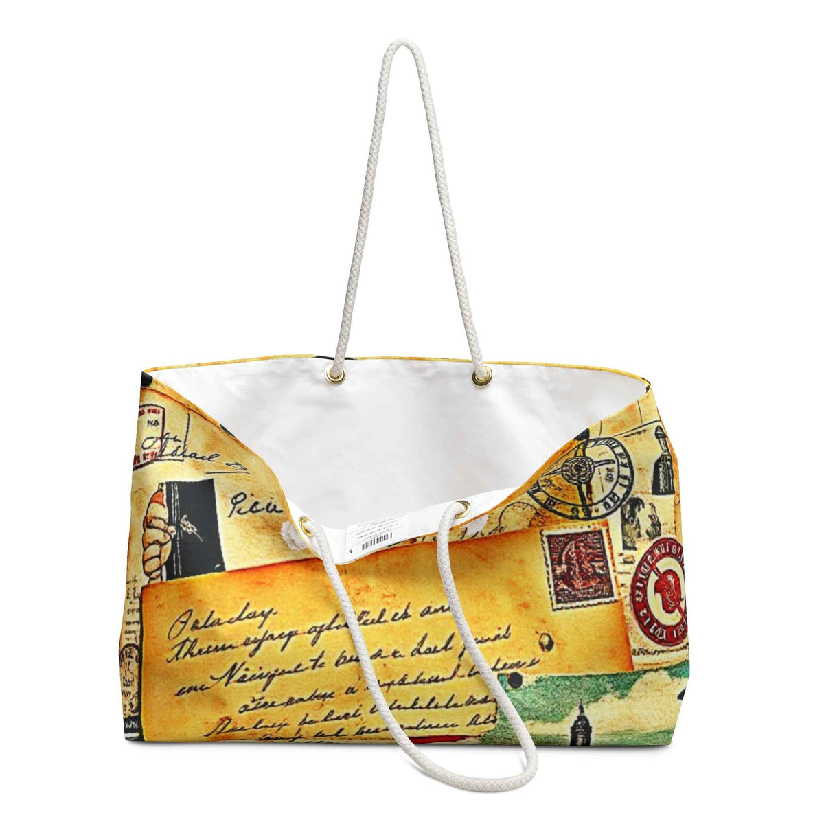Vintage Travel Postcards Weekender Bag | Retro Stamp Collage, Large Tote Bag