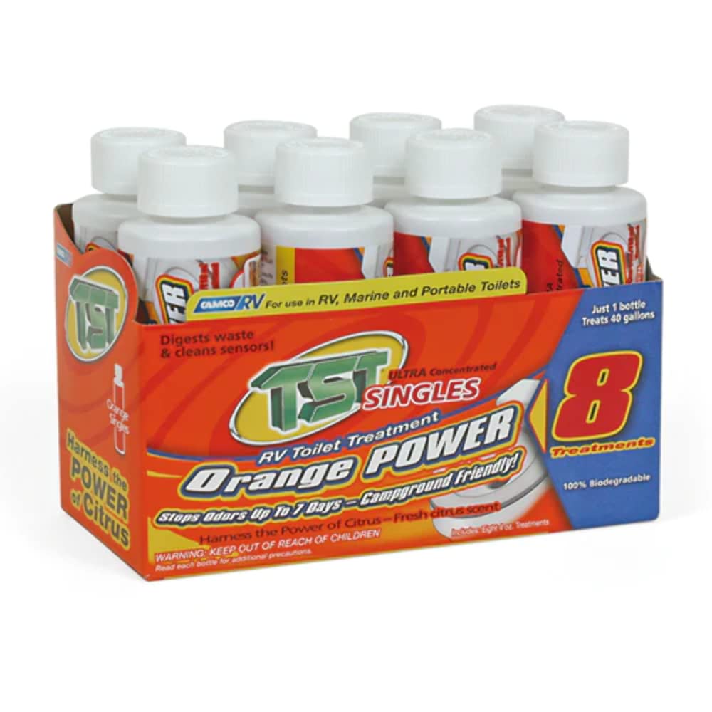 Camco TST MAX Camper/RV Toilet Treatment Singles - Control Unwanted Odors and Break Down Waste and Tissue - Septic Tank Safe -Orange Scent, (8) 4 oz Bottles (41198) ๐ All In One Marketplace Canada