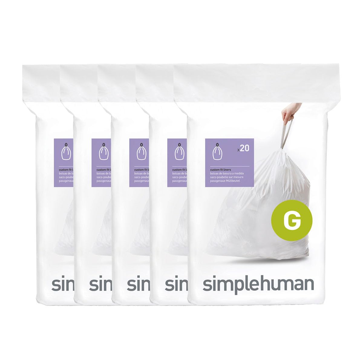 simplehuman Code G 100 Count, Dispenser Pack Custom Fit Liners, Drawstring Trash Bags, 30L / 8 Gallons, White π All In One Marketplace Canada