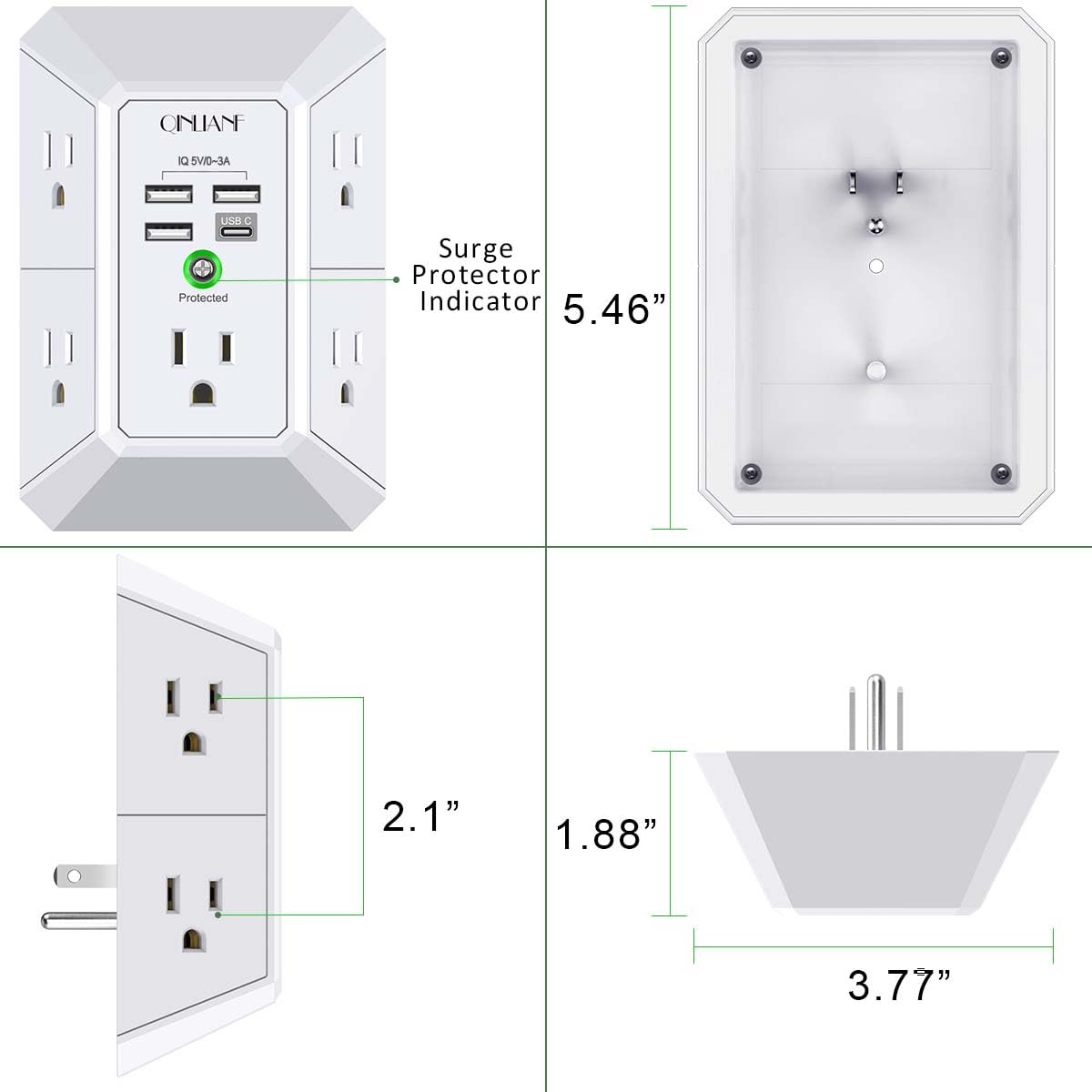 Wall Charger, Surge Protector, QINLIANF 5 Outlet Extender with 4 USB Charging Ports (4.8A Total) 3-Sided 1680J Power Strip Multi Plug Adapter Spaced for Home Travel Office (3U1C) ๐ All In One Marketplace Canada