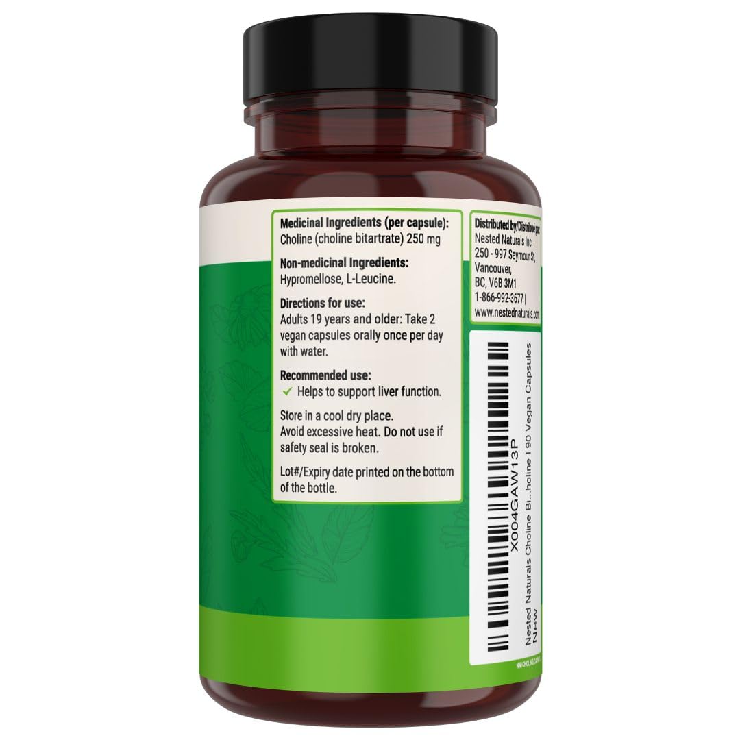 Nested Naturals Choline Bitartrate 500mg Per 2 Capsules | High Potency Choline Supplements | Supports Cognitive & Liver Function | 100% Vegan & Non-GMO Choline | 90 Vegan Capsules ๐ All In One Marketplace Canada
