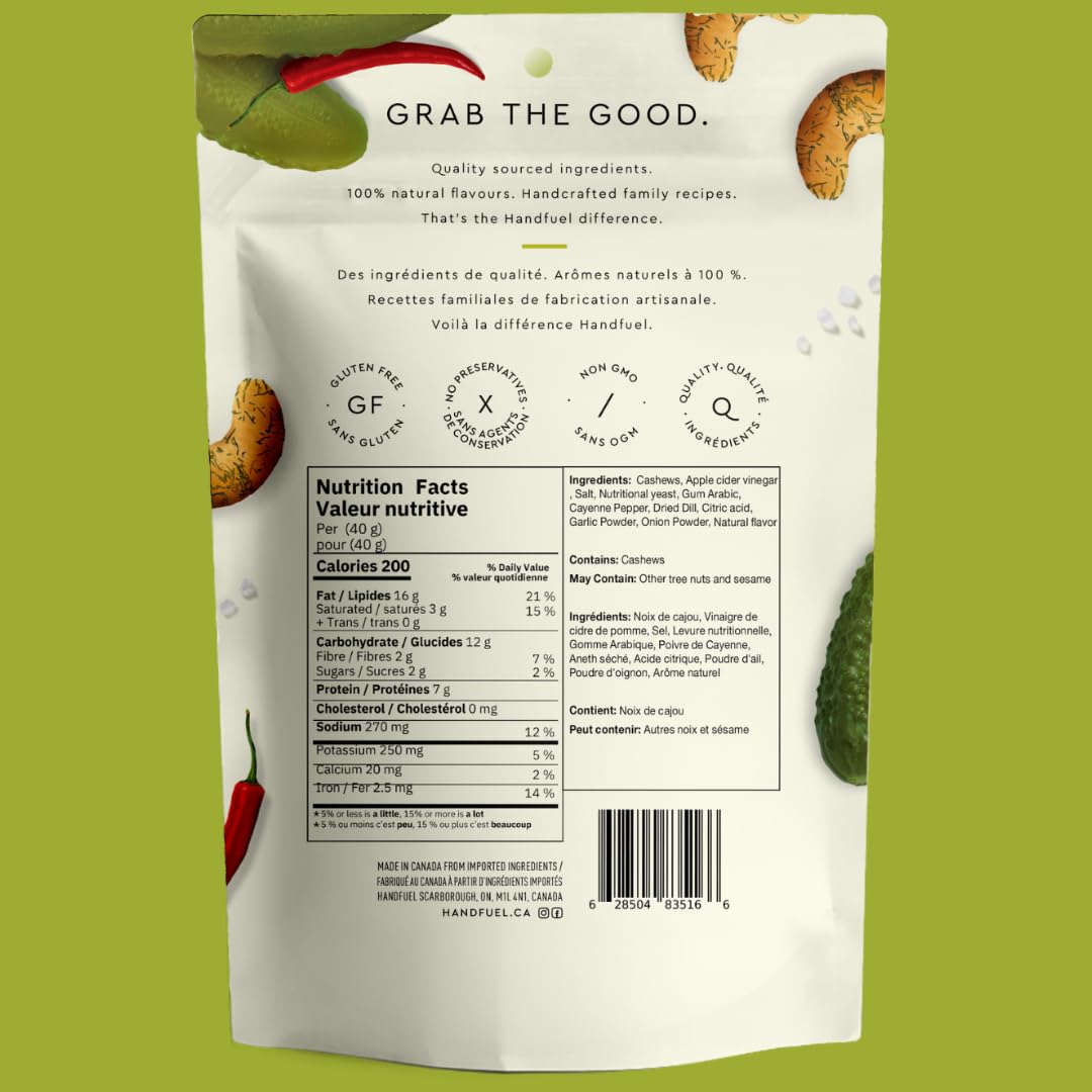 Handfuel Spicy Dill Pickle Cashews, Gluten Free Flavoured Nuts - 40g x 12 ๐ All In One Marketplace Canada