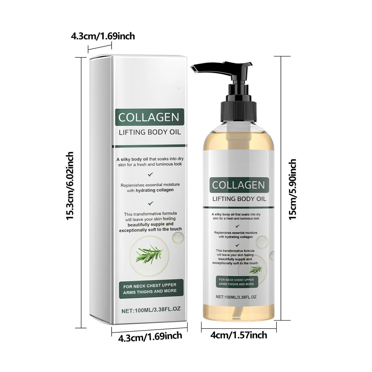 Collagen Lifting Body Oil with Vitamin E & Rosemary - Firming & Tightening Oil for Neck, Chest, Arms, Thighs - Hydrating Formula for Silky, Fresh, Luminous, and Supple Skin - 100ml (2PC) ๐ All In One Marketplace Canada