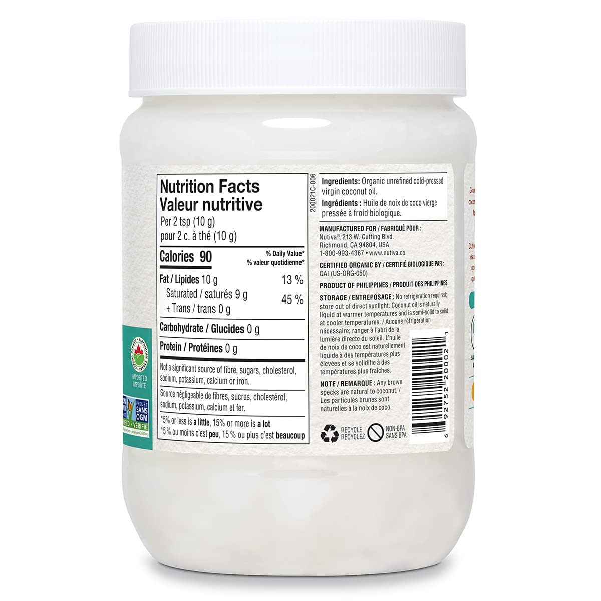Nutiva Organic Coconut Oil Virgin, 860Ml đ All In One Marketplace Canada