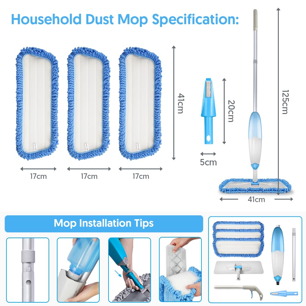 Tina&Tony Microfiber Spray Mop for Floor Cleaning, Hardwood Floor Spray Dry Wet Mop with 3 Reusable Refills Pads & 435ML Refillable Bottle, Kitchen Dust Mop for Hardwood Laminate Tile Floors, Blue ๐ All In One Marketplace Canada
