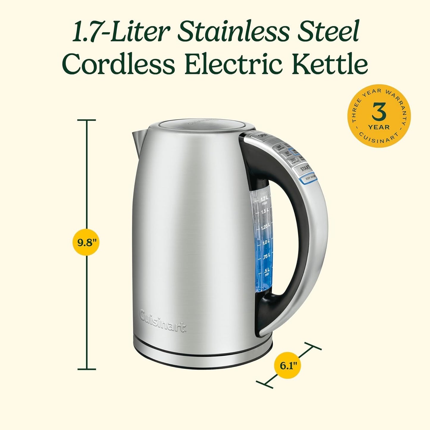 Cuisinart PerfecTemp 1.7L Cordless Electric Tea Kettle, 1500W Fast Heat-Up, 6 Preset Temperatures, 30-Min Keep Warm, Stay-Cool Nonslip Handle, Brushed Stainless Steel (CPK-17C) ๐ All In One Marketplace Canada