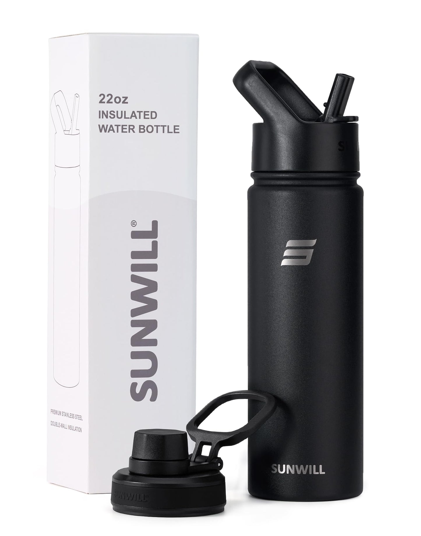 SUNWILL Metal Water Bottle with Straw 22 oz, Stainless Steel Insulated Flask for Cold and Hot Drink, Travel, Sports, Gym, Powder Coated Black ๐ All In One Marketplace Canada
