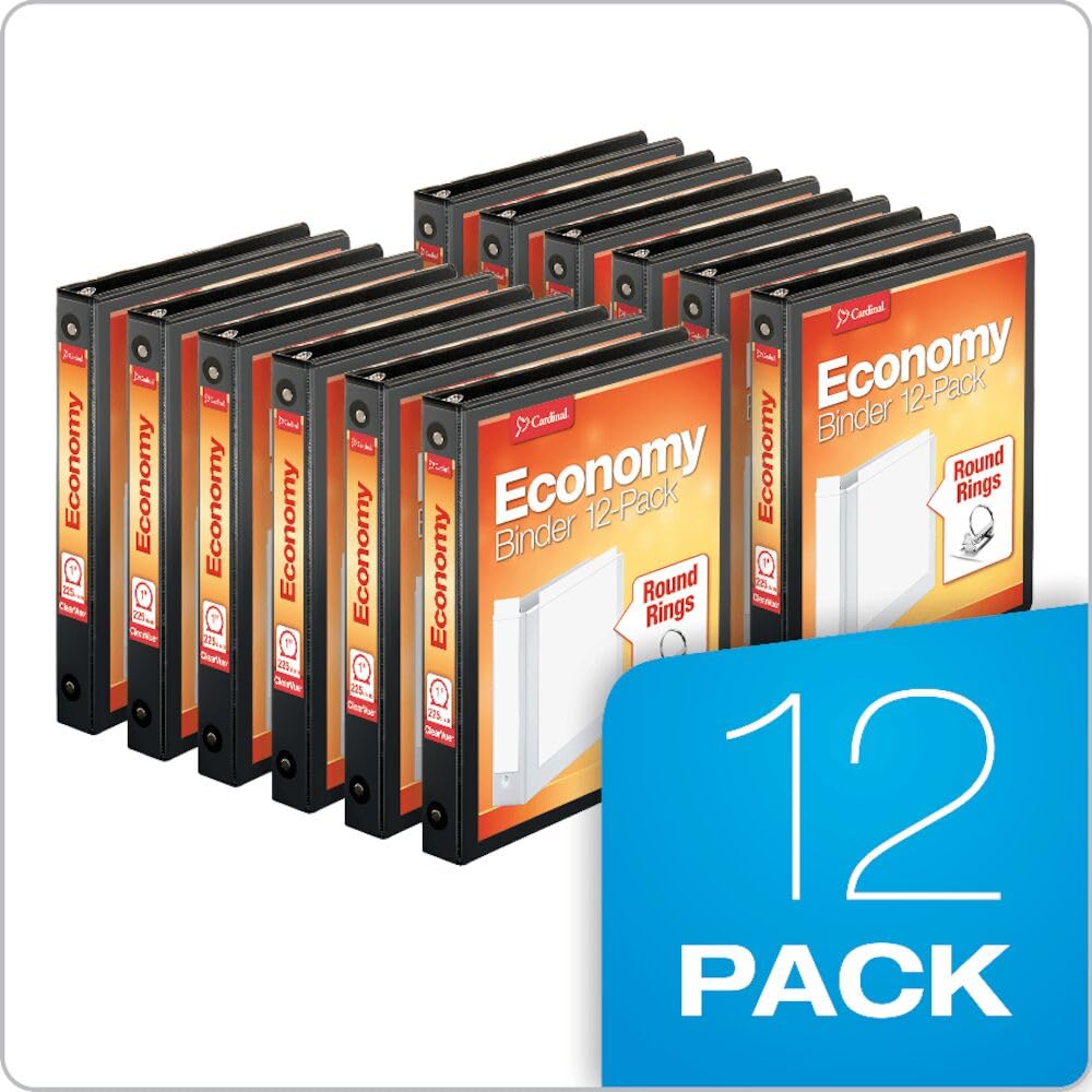 Cardinal Binders, Economy Value ClearVue, 1-Inch Round Ring, 225-Sheet Capacity, Black, Non-Stick Covers, 2 Pockets, Case of 12, for School, Office or Home Filing ๐ All In One Marketplace Canada
