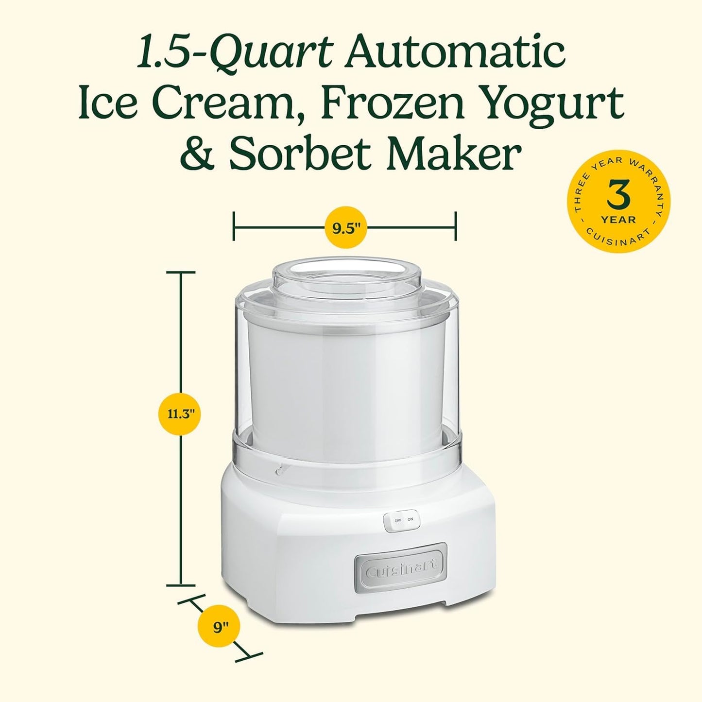 Cuisinart Ice Cream Maker Machine, 1.5 Quart Sorbet, Frozen Yogurt Maker, Double Insulated, White (ICE-21C) ๐ All In One Marketplace Canada