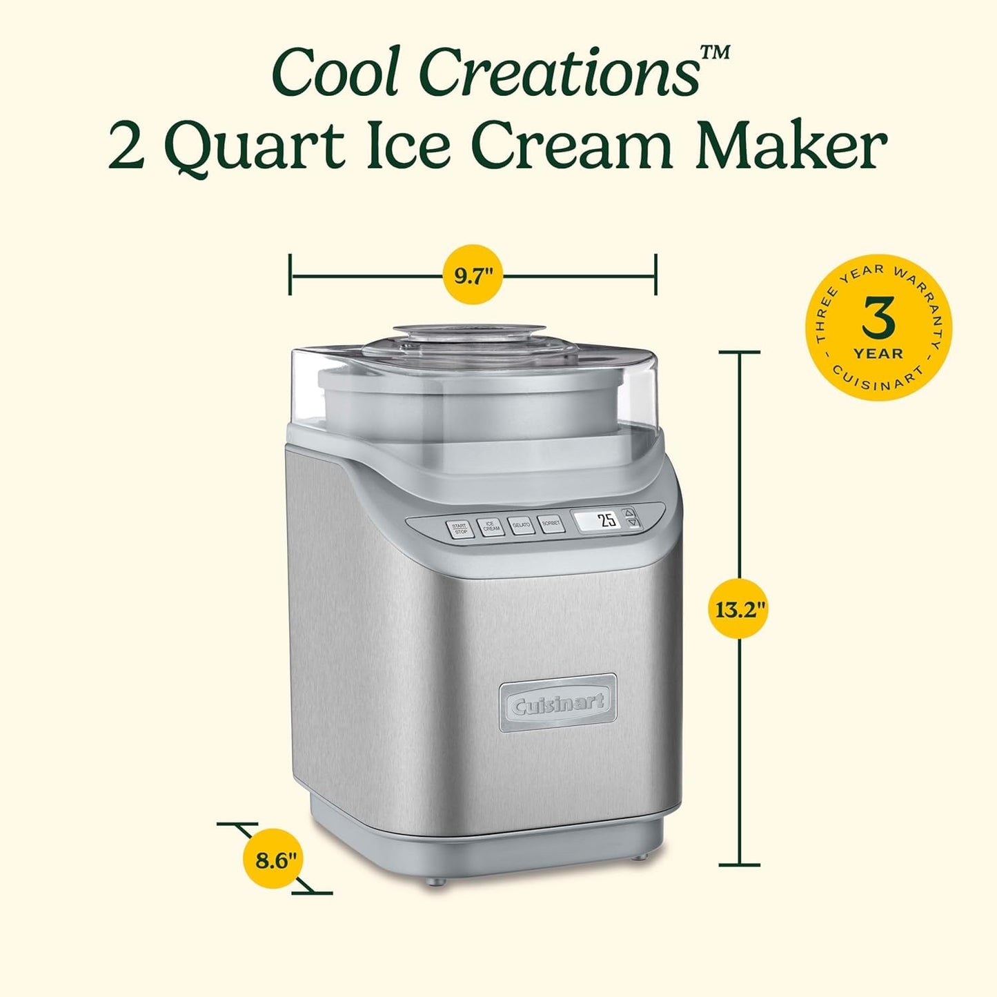 Cuisinart Ice Cream Maker Machine w/Countdown Timer, Stainless Steel, 2 qt ๐ All In One Marketplace Canada