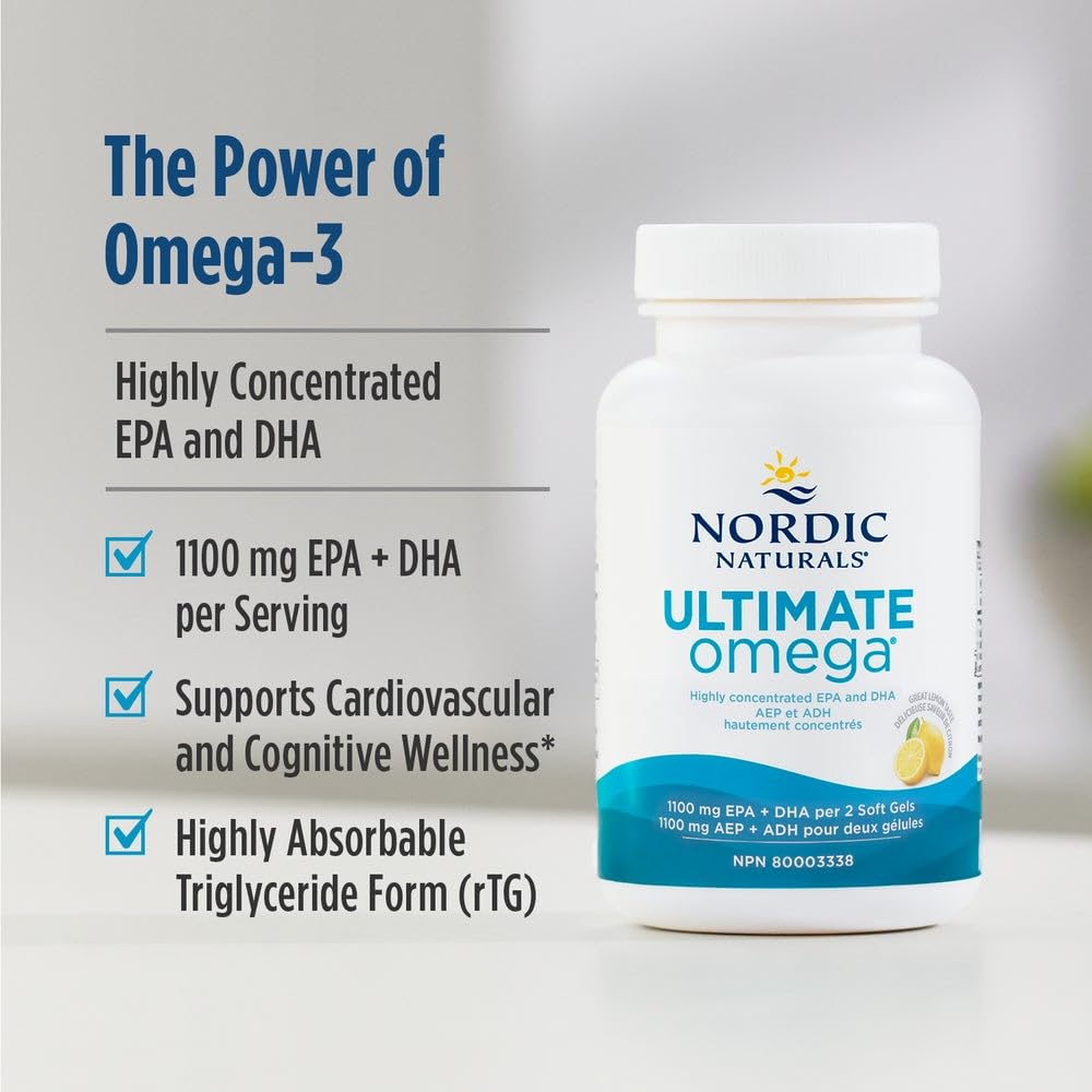 Nordic Naturals Ultimate Omega SoftGels - Omega-3 Supplement, Concentrated Fish Oil With More DHA and EPA, Supports Heart Health, Brain Development and Overall Wellness, Lemon, 120 Count ๐ All In One Marketplace Canada