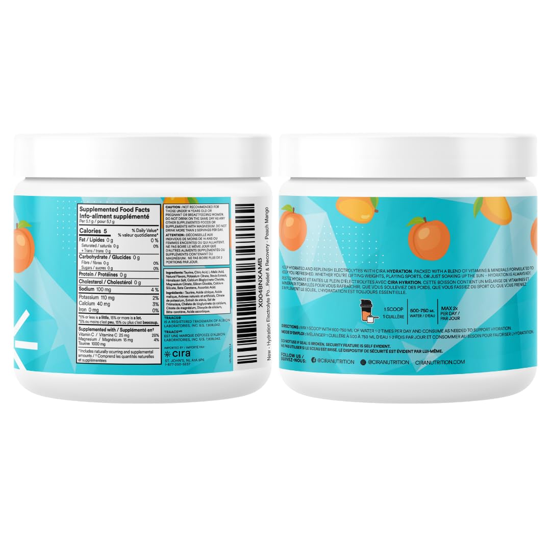 Cira Hydration Electrolytes Powder - Daily Electrolyte Powder, Sugar Free Naturally Flavoured & Sweetened w Stevia, Hydration Powder w Himalayan Salt for Dehydration Relief - Peach Mango, 45 Servings 🍁 All In One Marketplace Canada
