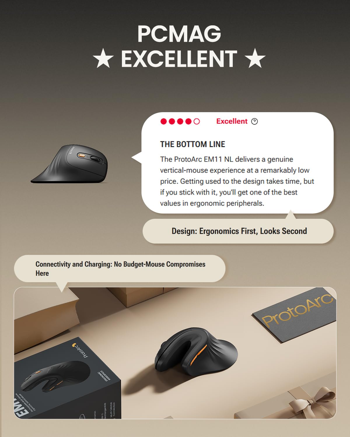 ProtoArc Ergonomic Vertical Mouse, EM11 NL Bluetooth Mouse Wireless Rechargeable Mice with 3 Devices (Bluetooth or USB), Vertical Wireless Mouse for Computer, iPad, Mac, Windows (Black) ๐ All In One Marketplace Canada