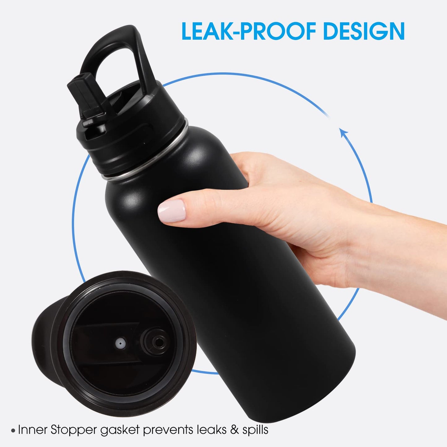 Insulated Water Bottle, 32oz Vacuum Stainless Steel Metal Sports Water Bottles with Stickers, Straw & Spout Lid (2 Lids), Double Walled to Keeps Hot and Cold, Leak Proof, BPA-Free, 32oz (Black) ๐ All In One Marketplace Canada