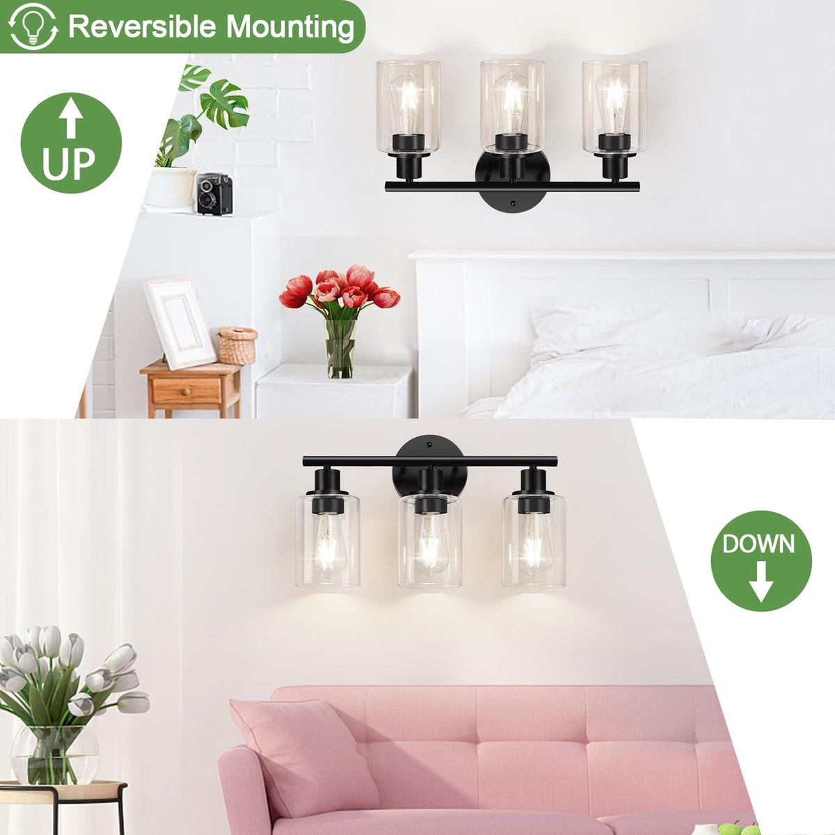 3-Light Bathroom Light Fixtures, Black Bathroom Wall Lights, Modern Bathroom Vanity Light with Clear Glass Shade, Bathroom Wall Lamp for Mirror Kitchen Bedroom Living Room 🍁 All In One Marketplace Canada