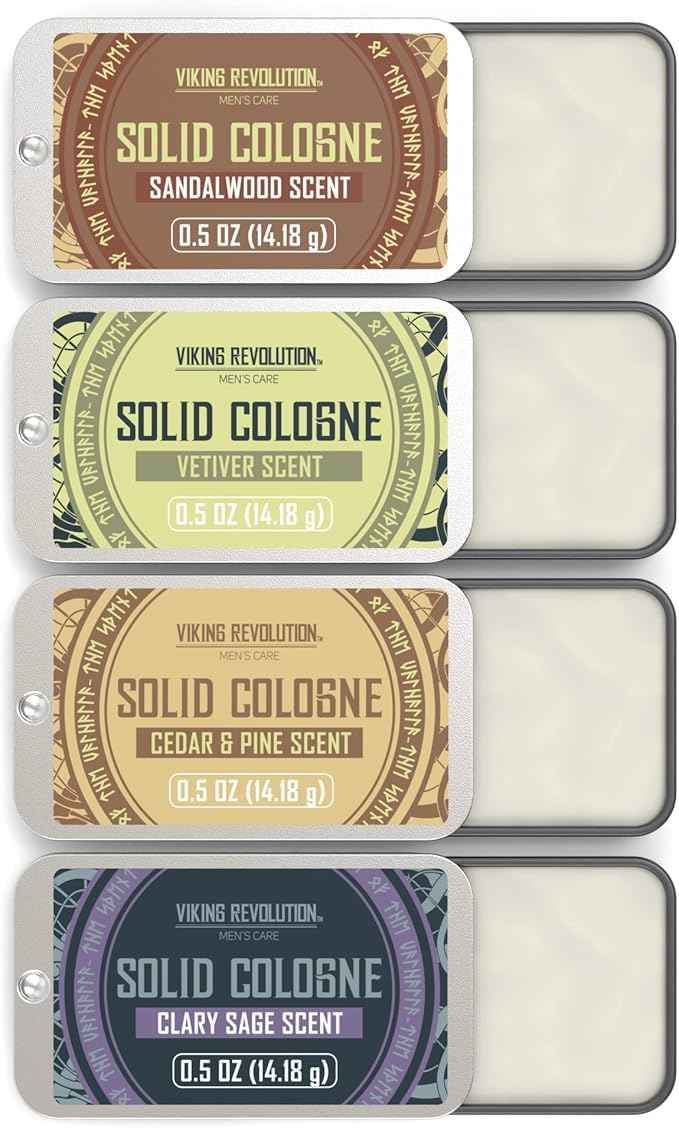 Viking Revolution - Cologne - Solid Cologne for Men with Cedar Wood, Clary Sage, Vetiver, Sandalwood - Gifts for Men - Gifts for Him - 4 Pack - 4 x 14 g ๐ All In One Marketplace Canada