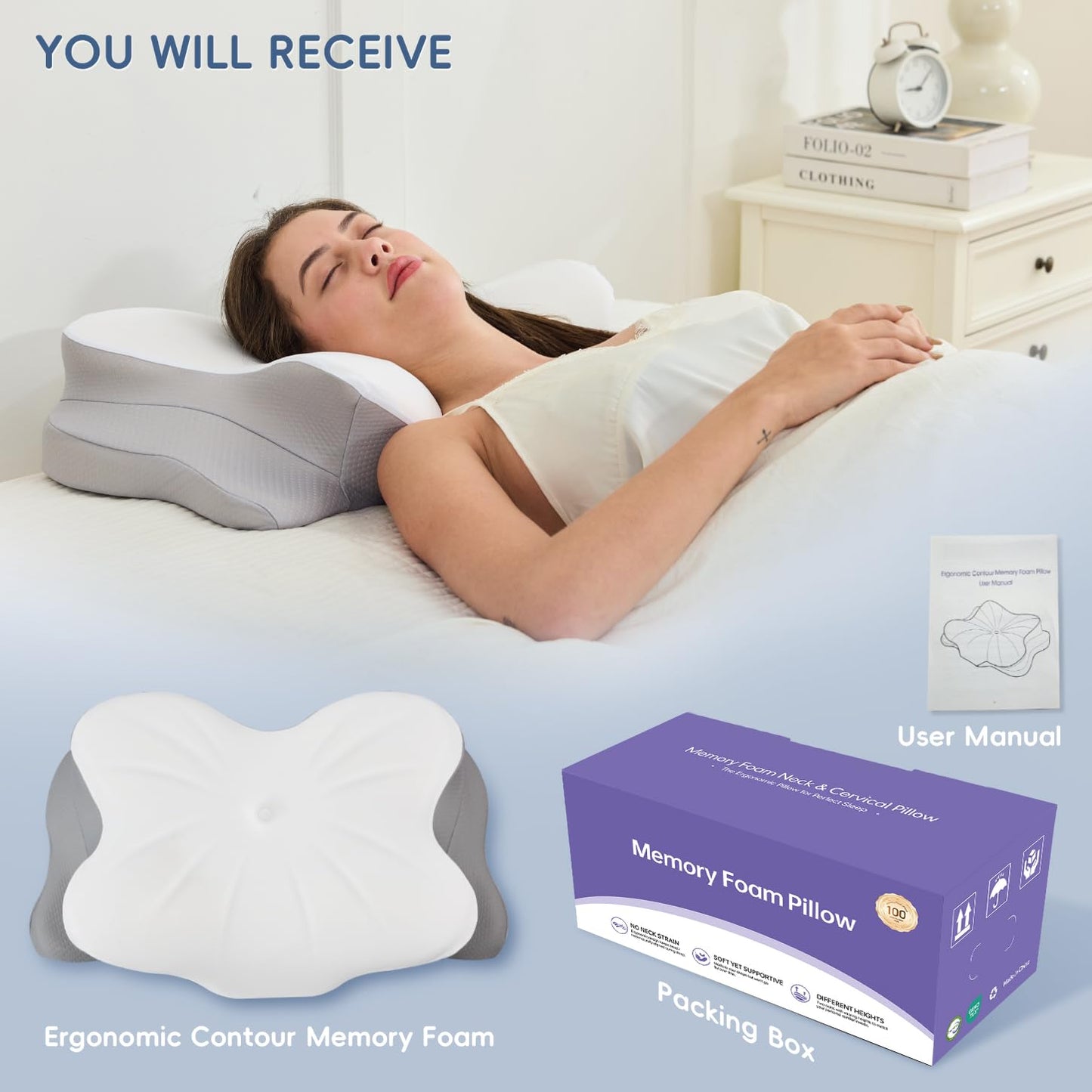 SNUGUP Ergonomic Cervical Neck Pillow, Memory Foam Neck Support Pillow with Contoured Design, Breathable Removable Pillowcase, for Side Back Stomach Sleepers, White ๐ All In One Marketplace Canada