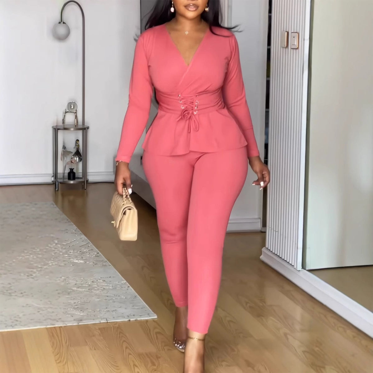 Women's V-Neck Two Piece Set – Long Sleeve Top and Pants Elegant Workwear Outfit