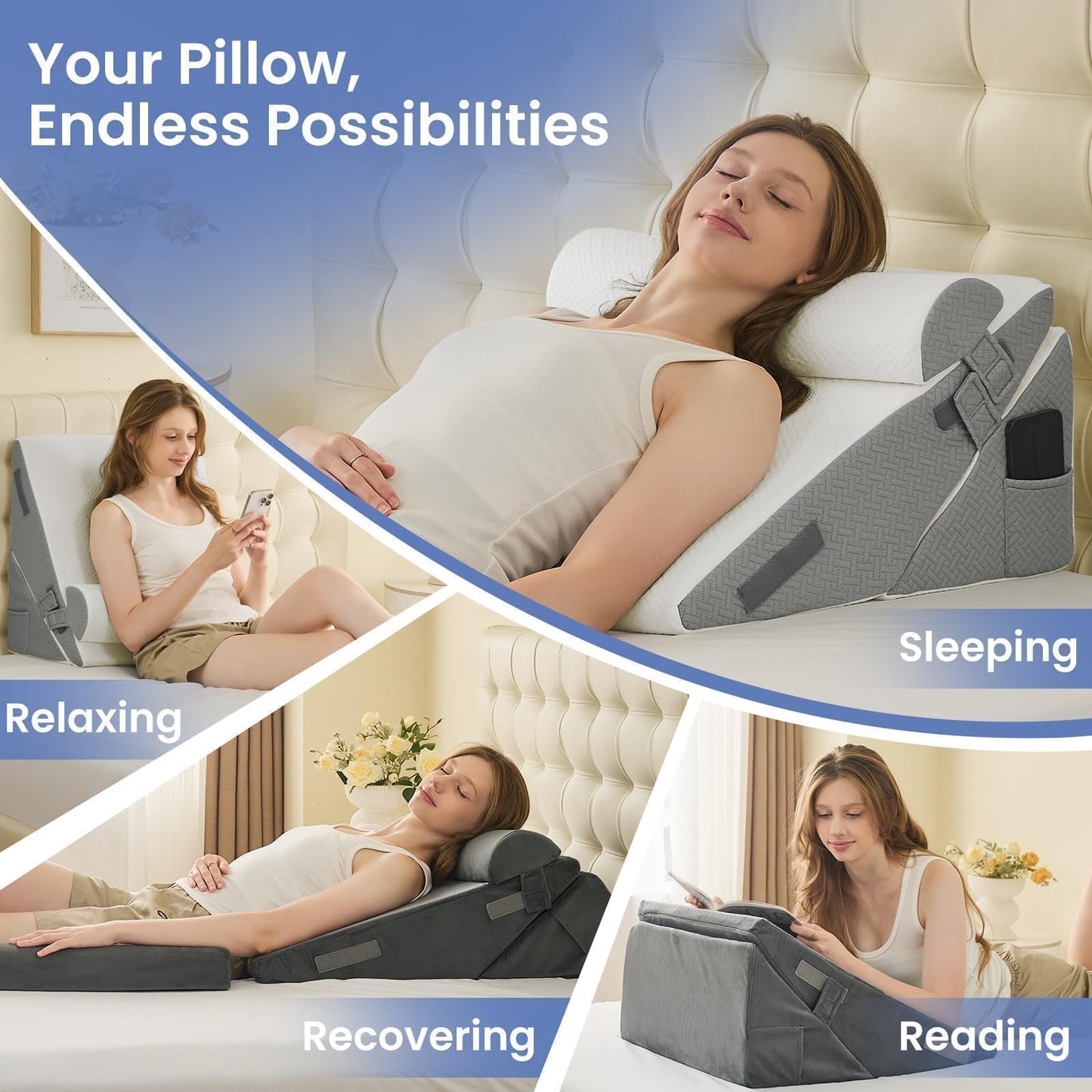 Sasttie Wedge Pillows for Adult, 2PCS Adjustable Bed Wedge Pillow for Post Surgery, Triangle Pillow Headboard with Bolster Cushion for Sleeping, Acid Reflux, Neck & Back Support, White and Dark Grey π All In One Marketplace Canada