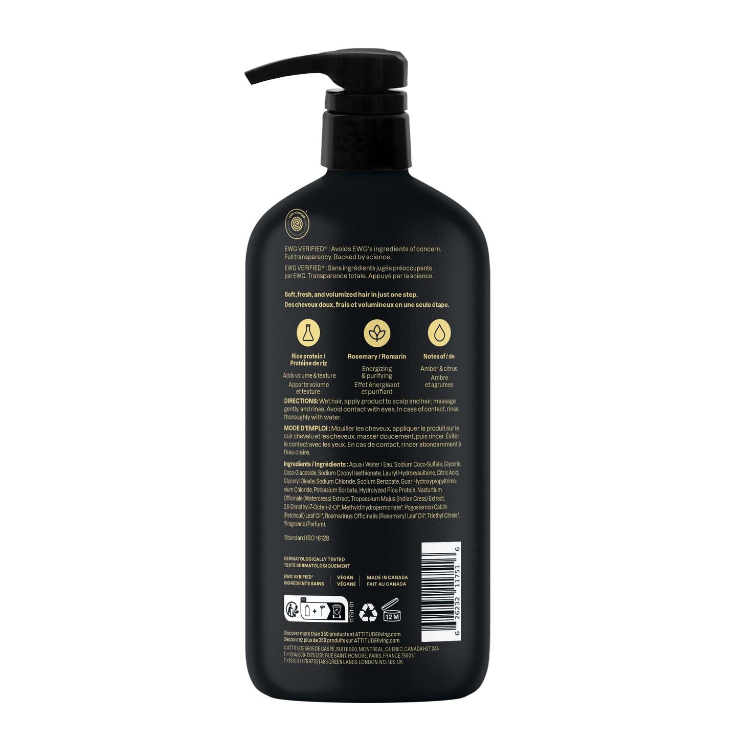 ATTITUDE Men's Shampoo and Conditioner 2-in-1, Volumizing for Thin Hair, With Rosemary and Rice Protein, 97% Natural Origin Ingredients, EWG Verified, Amber & Citrus, 946 mL š All In One Marketplace Canada