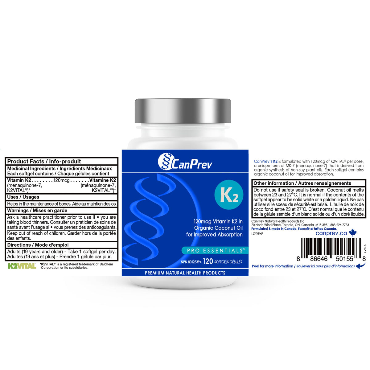 CanPrev K2 120mcg with Organic Coconut Oil, 120 Softgels 120-Day Supply, Pure MK-7 for Enhanced Absorption, Support for Stronger Bones and Healthy Teeth ๐ All In One Marketplace Canada