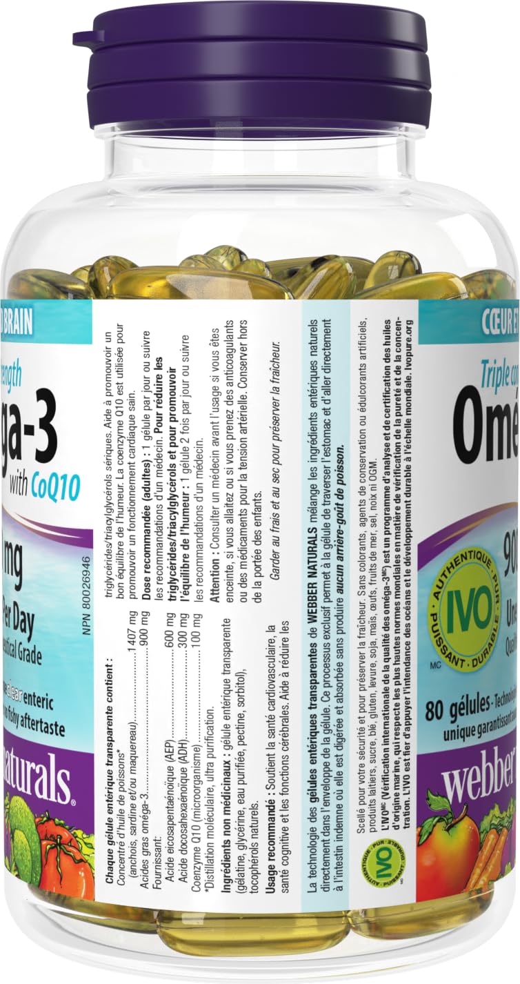 Webber Naturals Omega-3 with CoQ10, 80 Clear Enteric No Fishy Aftertaste Softgels, Supports Cardiovascular Health and Brain Function ๐ All In One Marketplace Canada