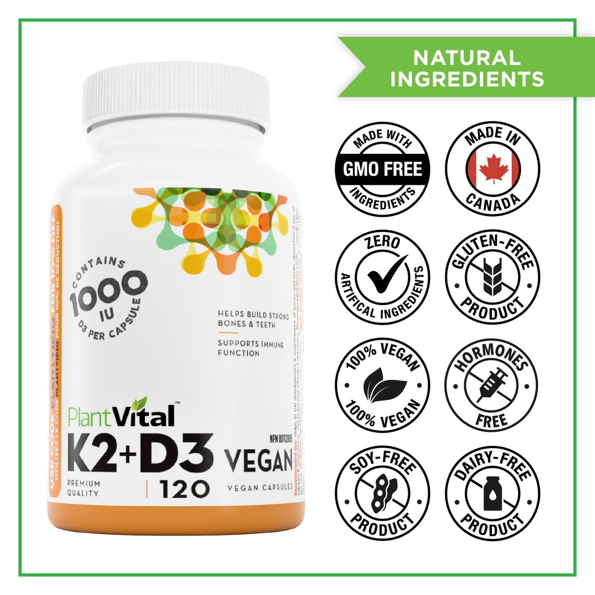 PlantVital High-Potency Vegan Vitamin D3 + K2 -Made in Canada - (1000IU /25 mcg + 120 mcg) for Bones, Teeth and Immune System - Patented MK7 Form - K2 D3 vitamin - 4 Months Supply - 120 Capsules. ๐ All In One Marketplace Canada