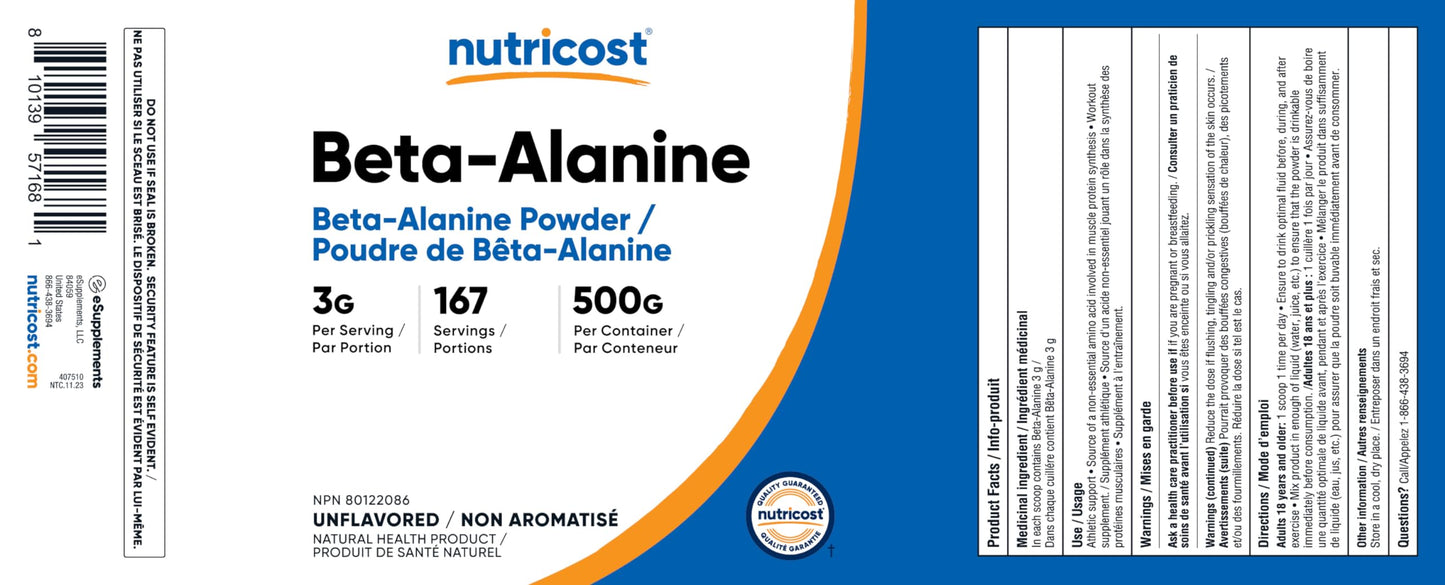 Nutricost Beta Alanine Powder (500 Grams) Unflavored - Pre-Workout Supplement, Non-GMO, Gluten-Free ๐ All In One Marketplace Canada