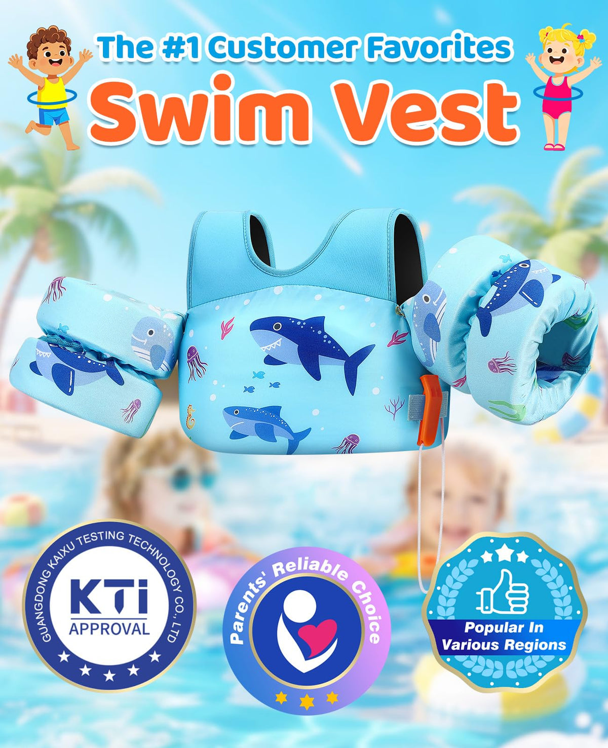 HeySplash Swim Vest for Kids, Toddler Pool Floaties Fit 33-66 Lbs, Puddle Jumper with Double Adjustable Strap, Swim Jacket Water Wing Arm Float, Sea Boat Flotation Device Boy Girl,Blue Shark ๐ All In One Marketplace Canada
