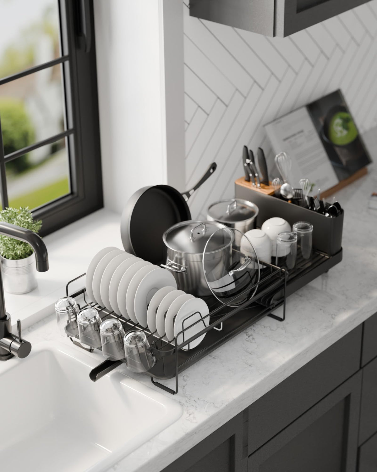 Kitsure Large Dish Drying Rack - Extendable Stainless Steel, Anti-Rust Kitchen Counter Rack with Cutlery & Cup Holders, 67.8 x 32.8 x 15.0cm, Black ๐ All In One Marketplace Canada