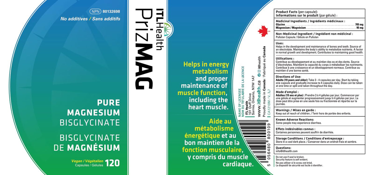 PrizMAG Pure Magnesium Bisglycinate, Magnesium Glycinate, 380mg of Mag Per Serving | Supports Muscle & Bone Health - Gentle on Digestion & High Absorption | Made in Canada - 120 Capsules π All In One Marketplace Canada