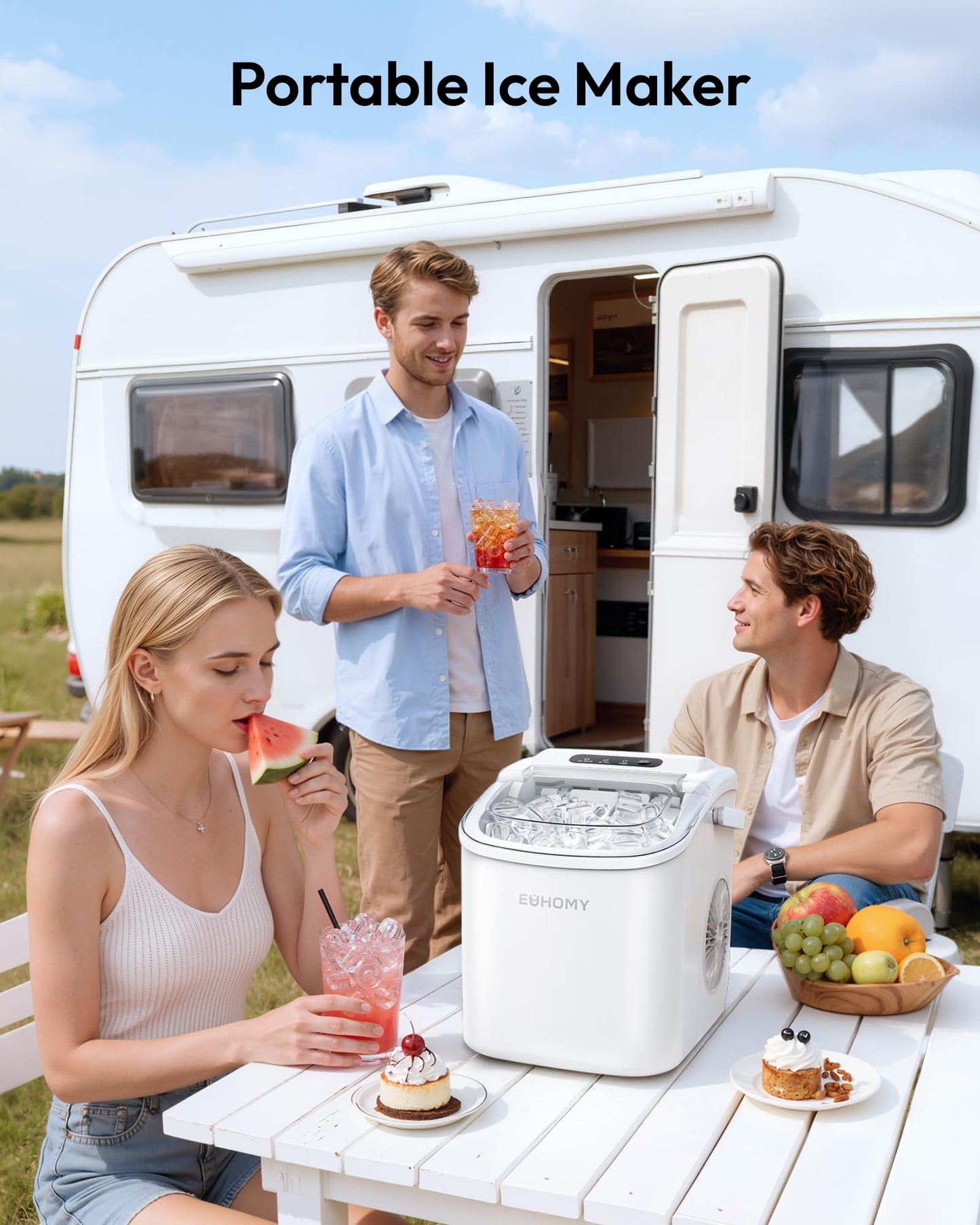 EUHOMY Countertop Ice Maker Machine with Handle, 26lbs Per Day, 9 Ice Cubes Ready in 6 Mins, Auto-Cleaning Portable Ice Maker with Basket and Scoop, for Home/Kitchen/Camping/RV (White) π All In One Marketplace Canada
