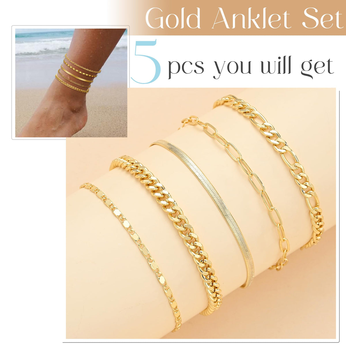 Gold Ankle Bracelets for Women, 14k Gold Plated Waterproof Cuban Link Chain Anklets Set, Layered Anklet Bracelets for Women Beach Gift Adjustable Size 5pc (GOLD-1) ๐ All In One Marketplace Canada