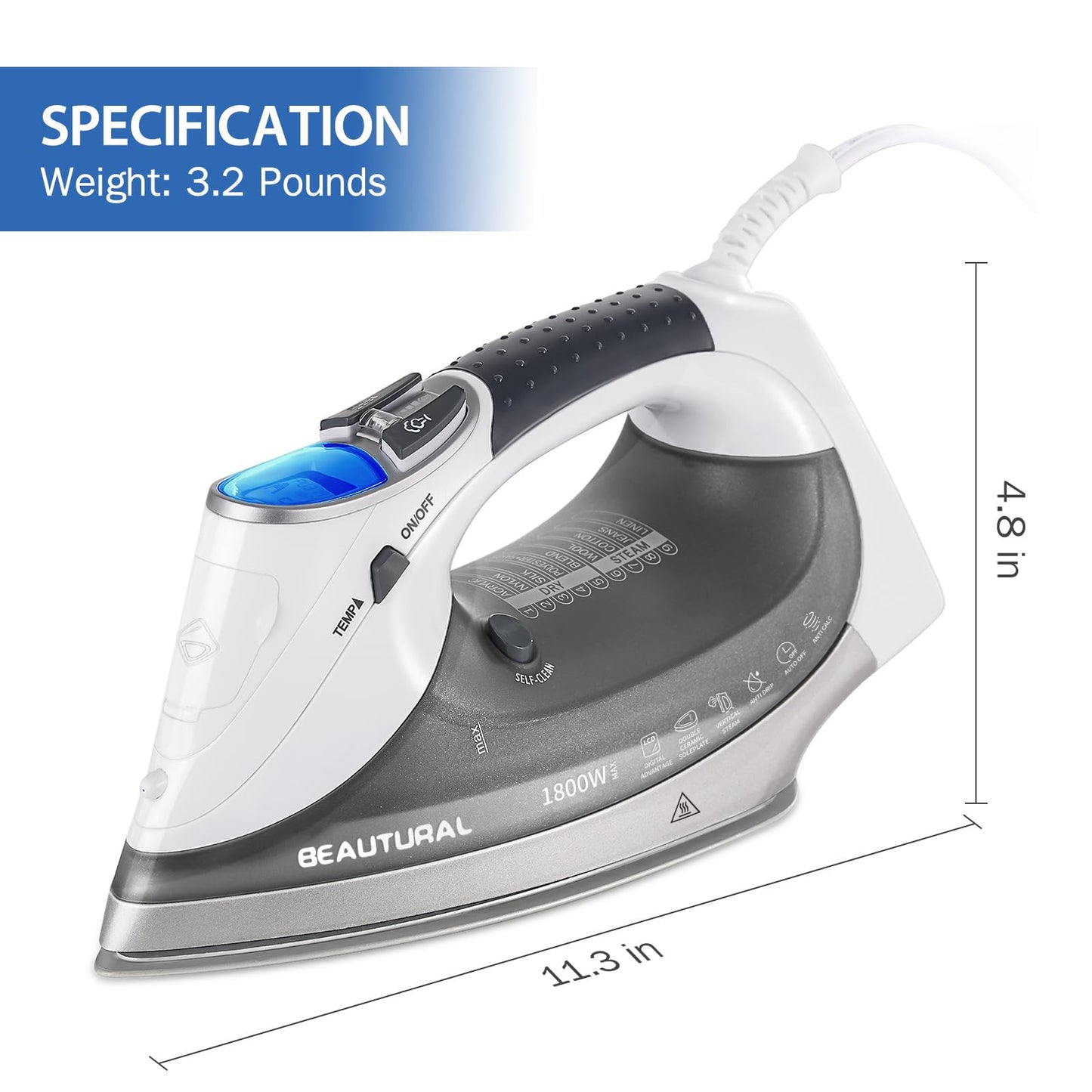 BEAUTURAL 1800-Watt Steam Iron with Digital LCD Screen, Double-Layer and Ceramic Coated Soleplate, 3-Way Auto-Off, 9 Preset Temperature and Steam Settings for Variable Fabric 🍁 All In One Marketplace Canada