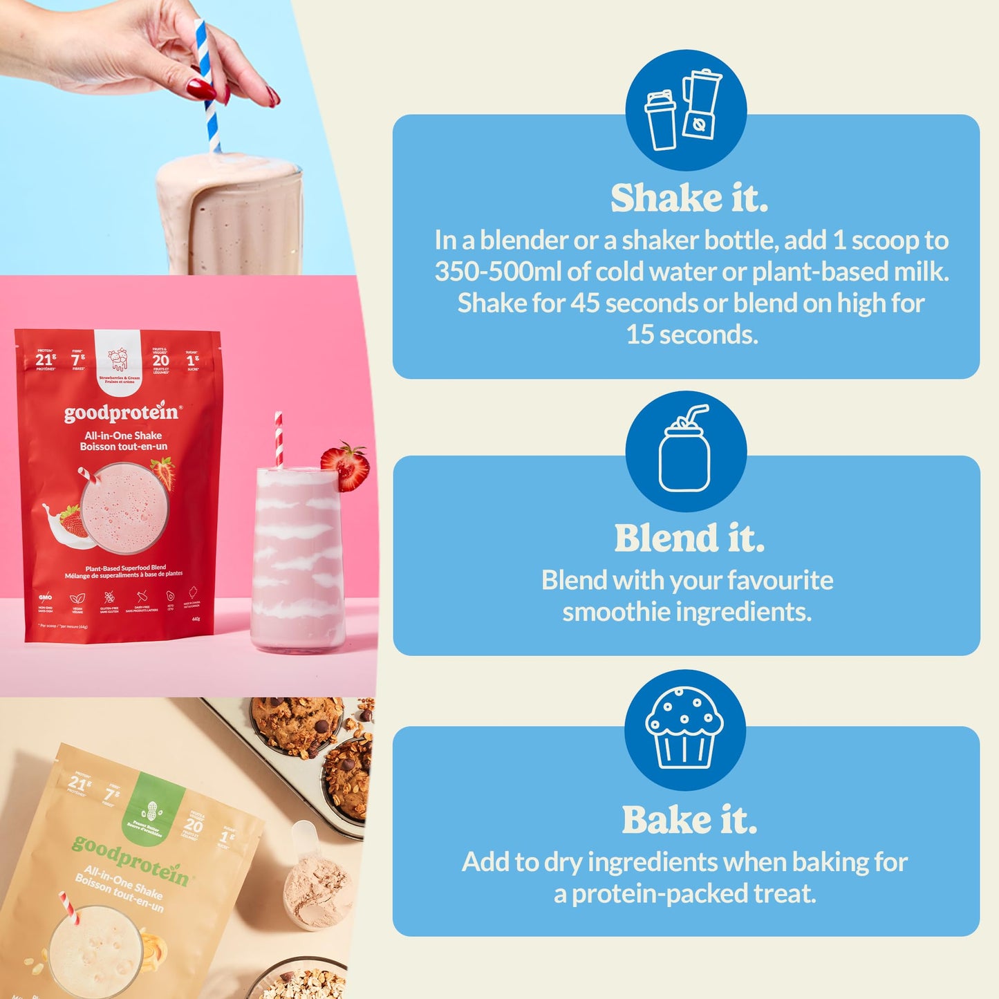 Good Protein Vegan Plant-based Protein Powder 100% Natural, Non-GMO, Dairy-free, Gluten-free, Soy-free, No Added Sugar and Nothing Artificial. Bananas & Cream All-in-One Shake 440 grams π All In One Marketplace Canada