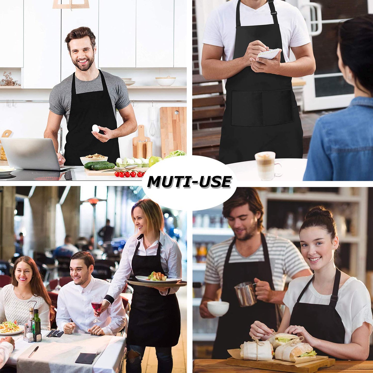 4 Packs Chef Apron, Black Waterproof Apron, Adjustable Apron with 2 Pockets for Men Women, Professional Apron for Kitchen Cooking Gardening Painting Baking Restaurant (Black) 🍁 All In One Marketplace Canada