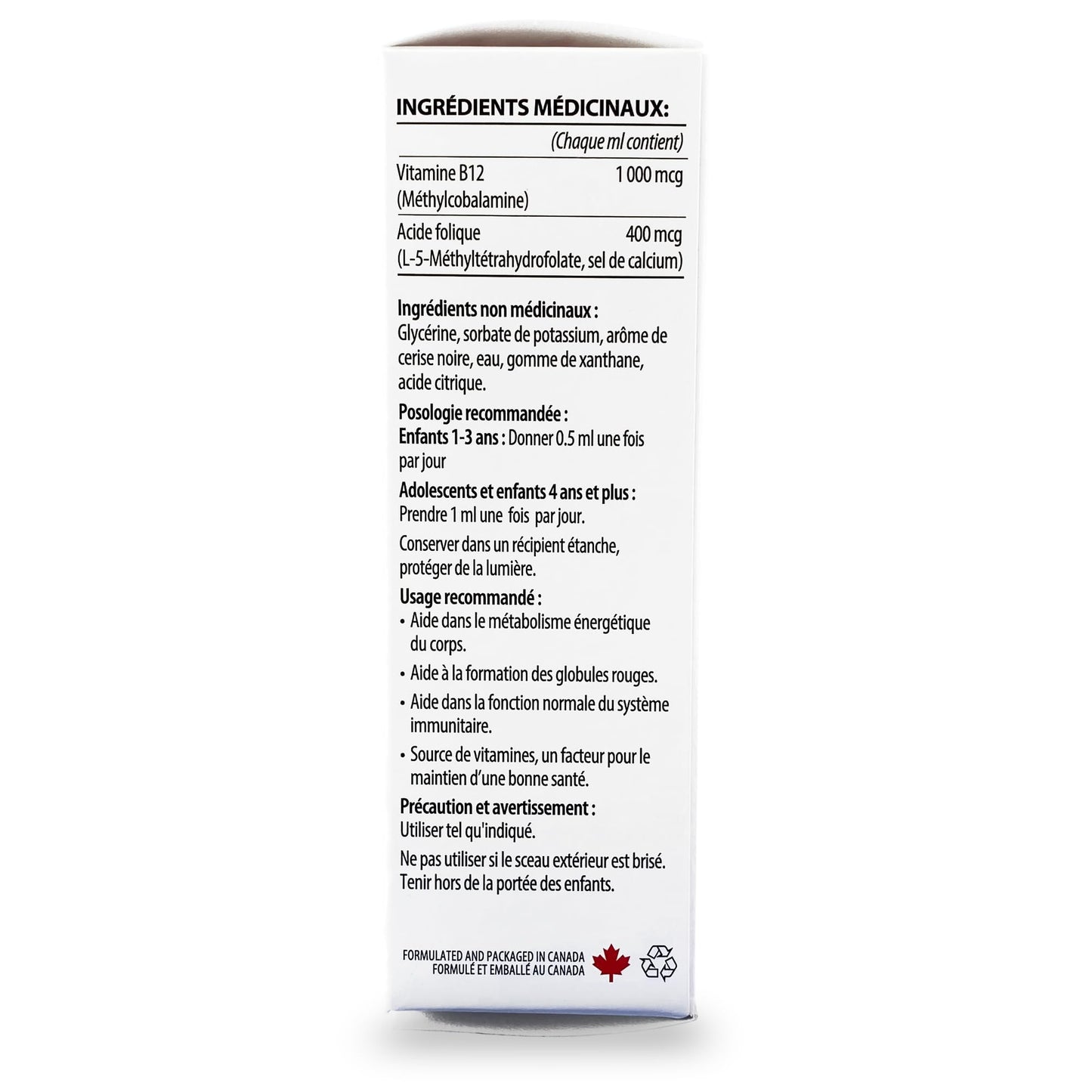GNA Naturals Kids Vitamin B12 with Folate Supplement, 60ml - VitaminB12 Methylcobalamin 1000 mcg - Liquid Drops for Kids - Cherry Flavour- Methyl B12 Folate Supplement - Vitamin-B12-Complex – Vegan – For energy, metabolism and supports memory– Made in Can