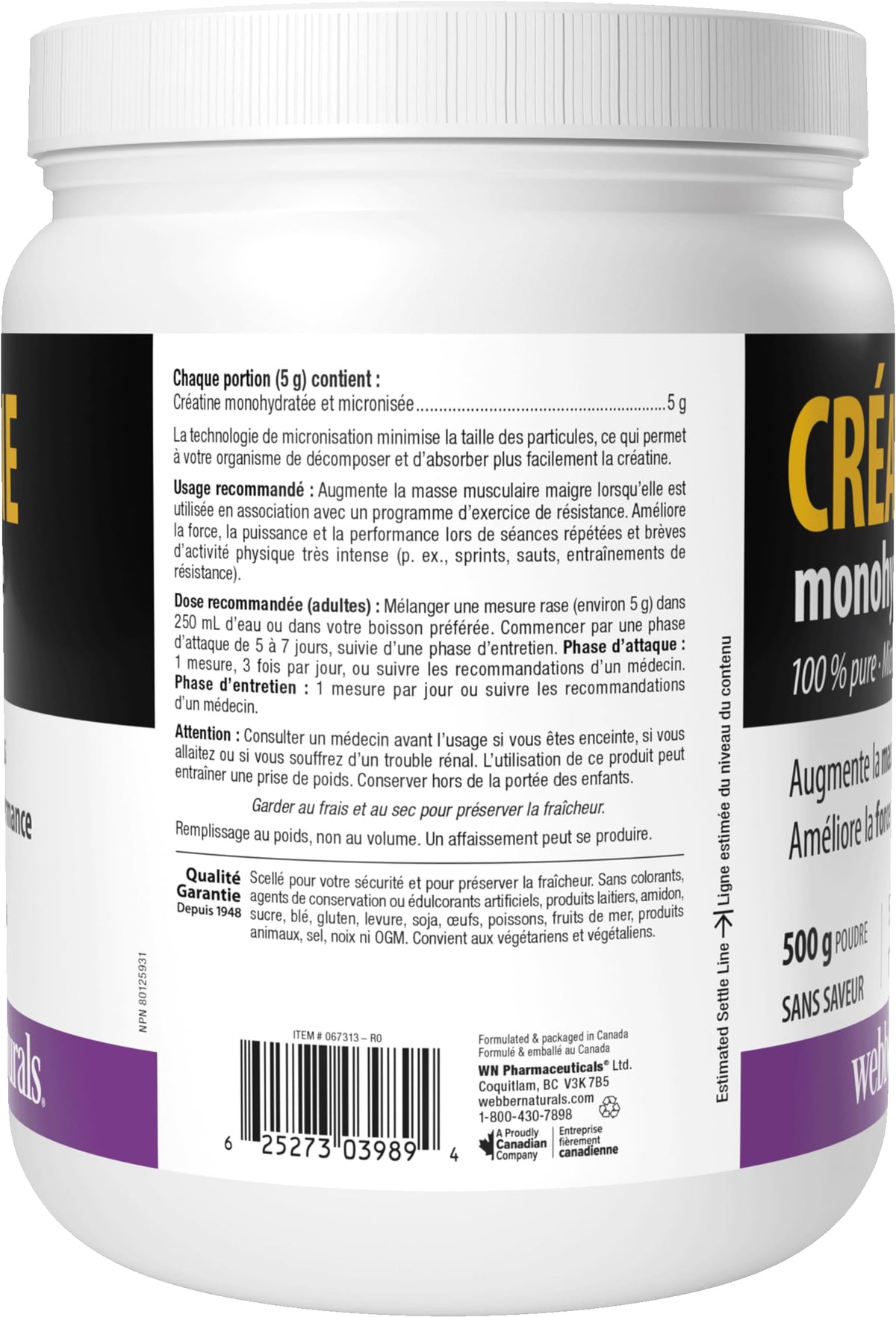 Webber Naturals Micronized Creatine Monohydrate Powder | 5g Per Serving | 100 Servings | Canadian-Made | Vegan | Supports Muscle, Strength & Performance | Unflavored | For Men & Women ๐ All In One Marketplace Canada