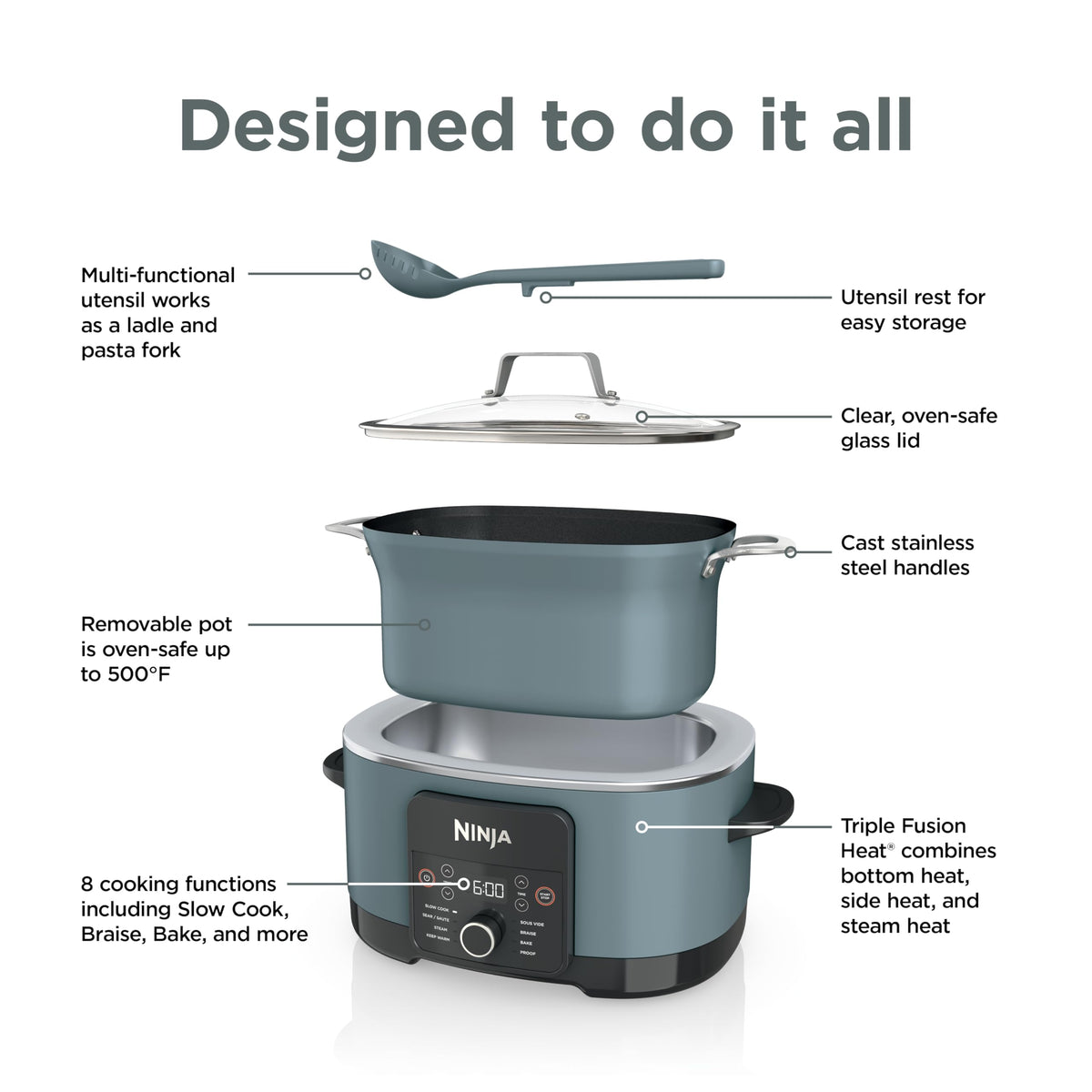 Ninja MC1001C Foodi PossibleCooker PRO 8.5 Quart Multi-Cooker, with 8-in-1 Slow Cooker,Dutch Oven,Steamer &More,Glass Lid & Integrated Spoon,Nonstick,Oven Safe Pot to 500°F,Sea Salt Gray,Sea Salt Grey 🍁 All In One Marketplace Canada