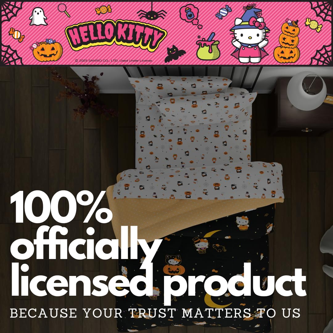 Sanrio Hello Kitty Halloween Pumpkin Queen Bed Set – Super Soft & Cozy 5 Piece Reversible Comforter and Sheet Set (Officially Licensed Product) by Franco