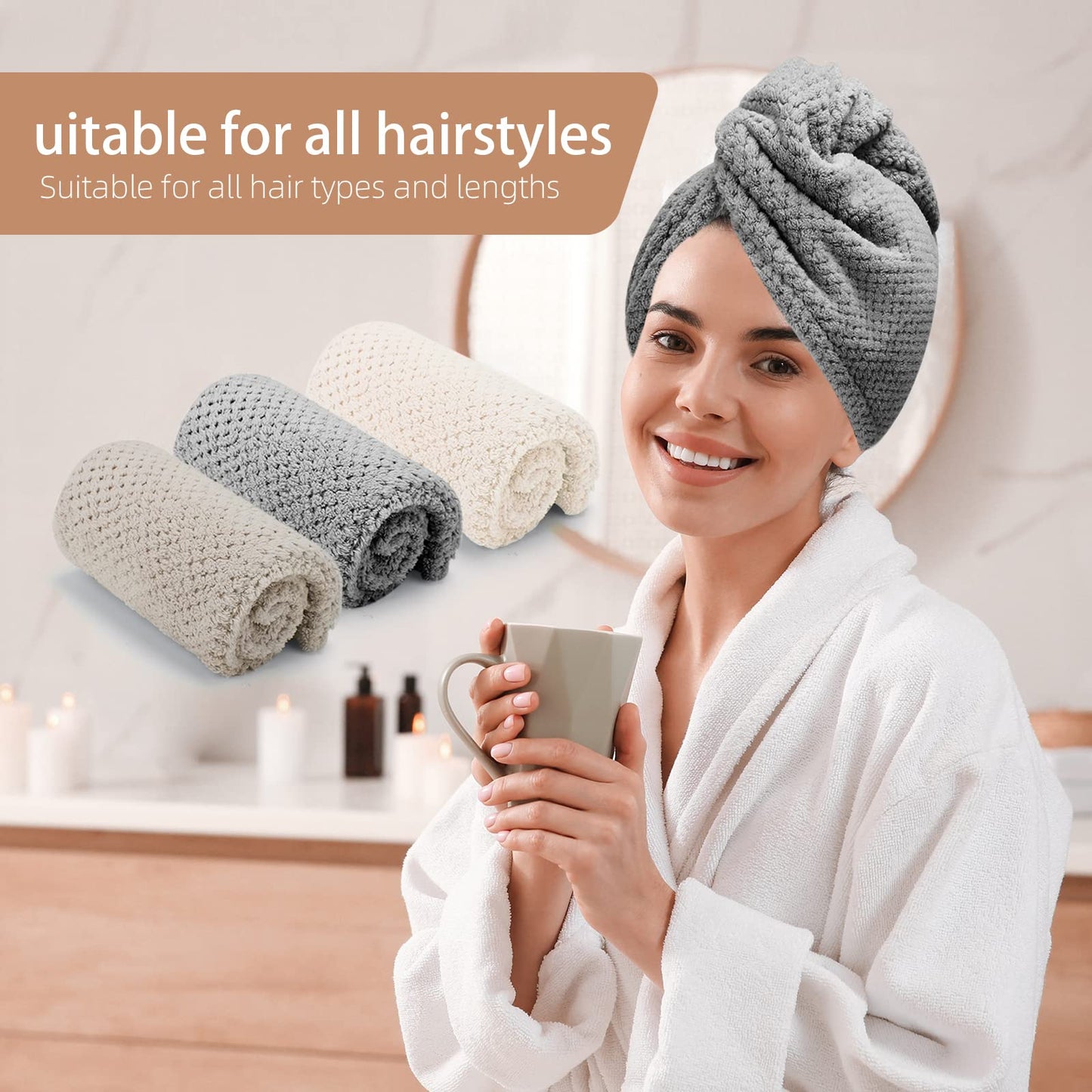 CZZXI 3 PCS Microfiber Hair Towel, Hair Wraps for Women Wet Hair, Fast Drying Hair Turban, Anti Frizz Head Towels Wrap for Curly Hair (Beige, Khaki, Grey) ๐ All In One Marketplace Canada