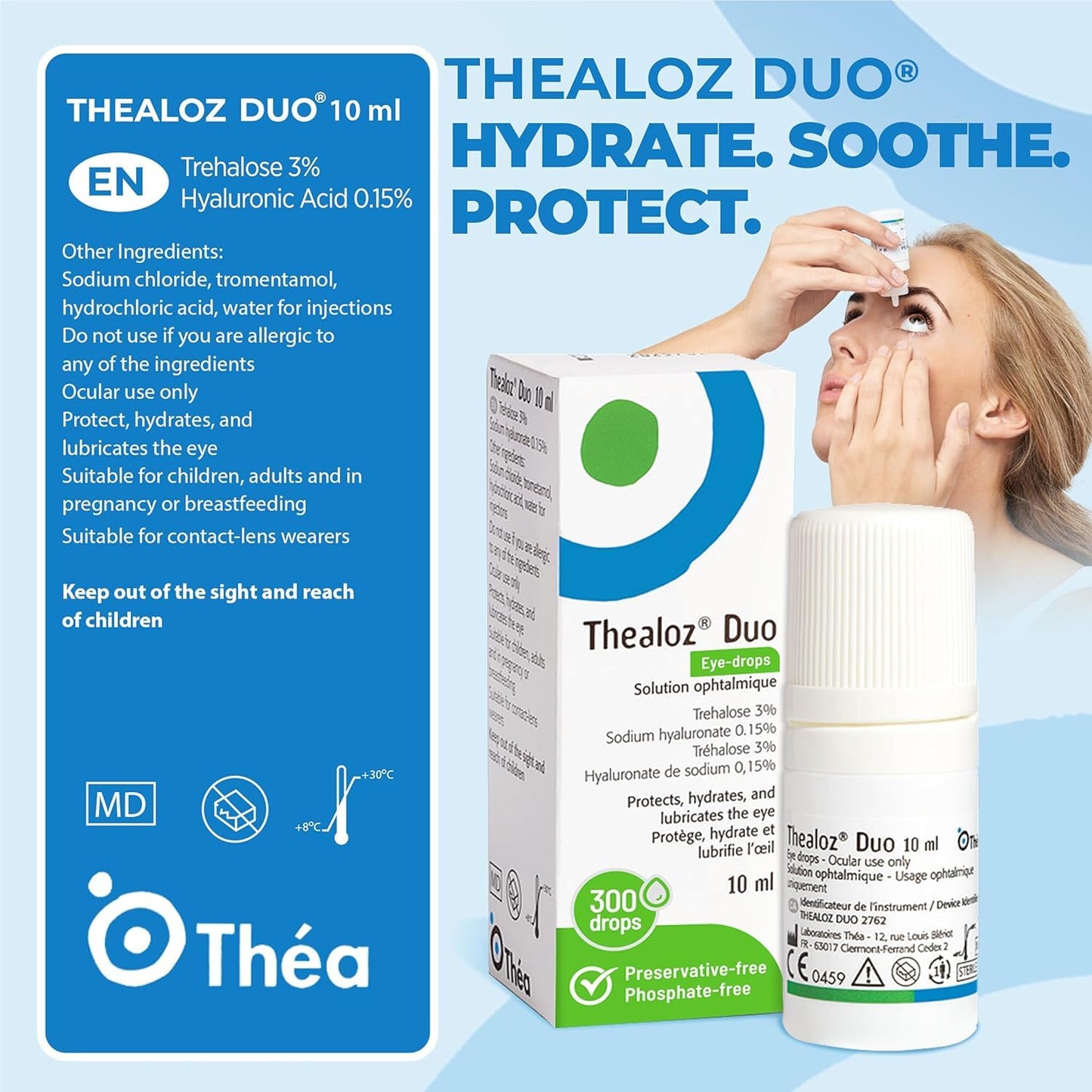 Thea Pharma Thealoz Duo Eye Drops, Clinically Proven for Dry Eyes, Hydration with Hyaluronic Acid & Trehalose, Tear Film Stabilization, Contact Lens Compatible - 10 ml (300 Drops) ๐ All In One Marketplace Canada