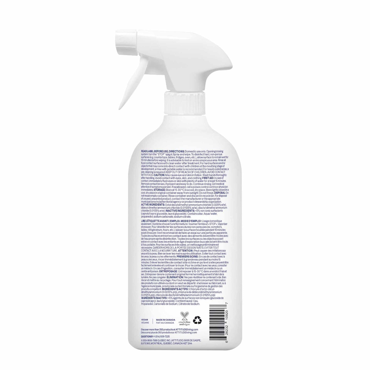 ATTITUDE Disinfectant Spray, All Purpose Cleaner with 99.99% Germ & Virus Elimination, Vegan & Plant-Based, Multi-Surface, Made in Canada, Unscented, 800 mL (Pack of 3) ๐ All In One Marketplace Canada