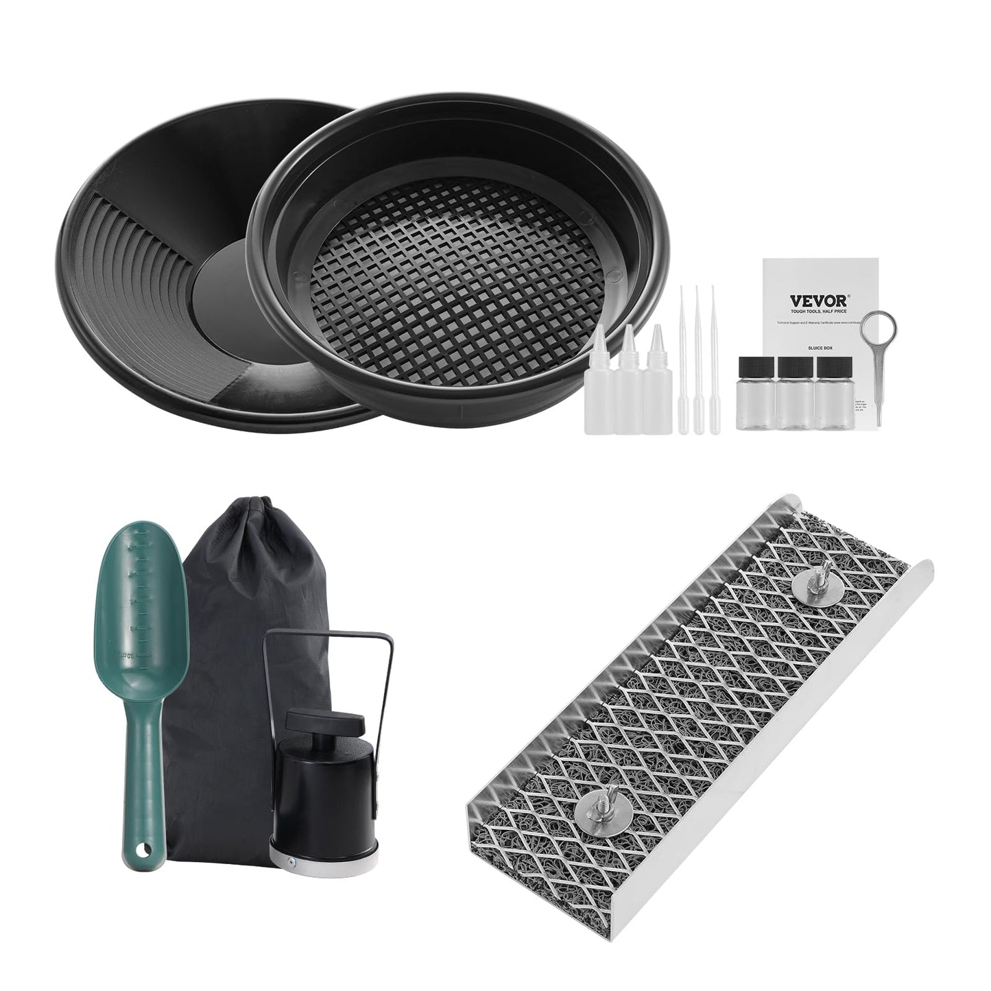 VEVOR Gold Panning Kit with Mini Sluice Box, 12" Aluminum Gold Mining Equipment, 16 PCS Golds Prospecting Kit with Golden Pan, Classifier Screen, Separating Magnet, Drawstring Backpack and Accessories ๐ All In One Marketplace Canada