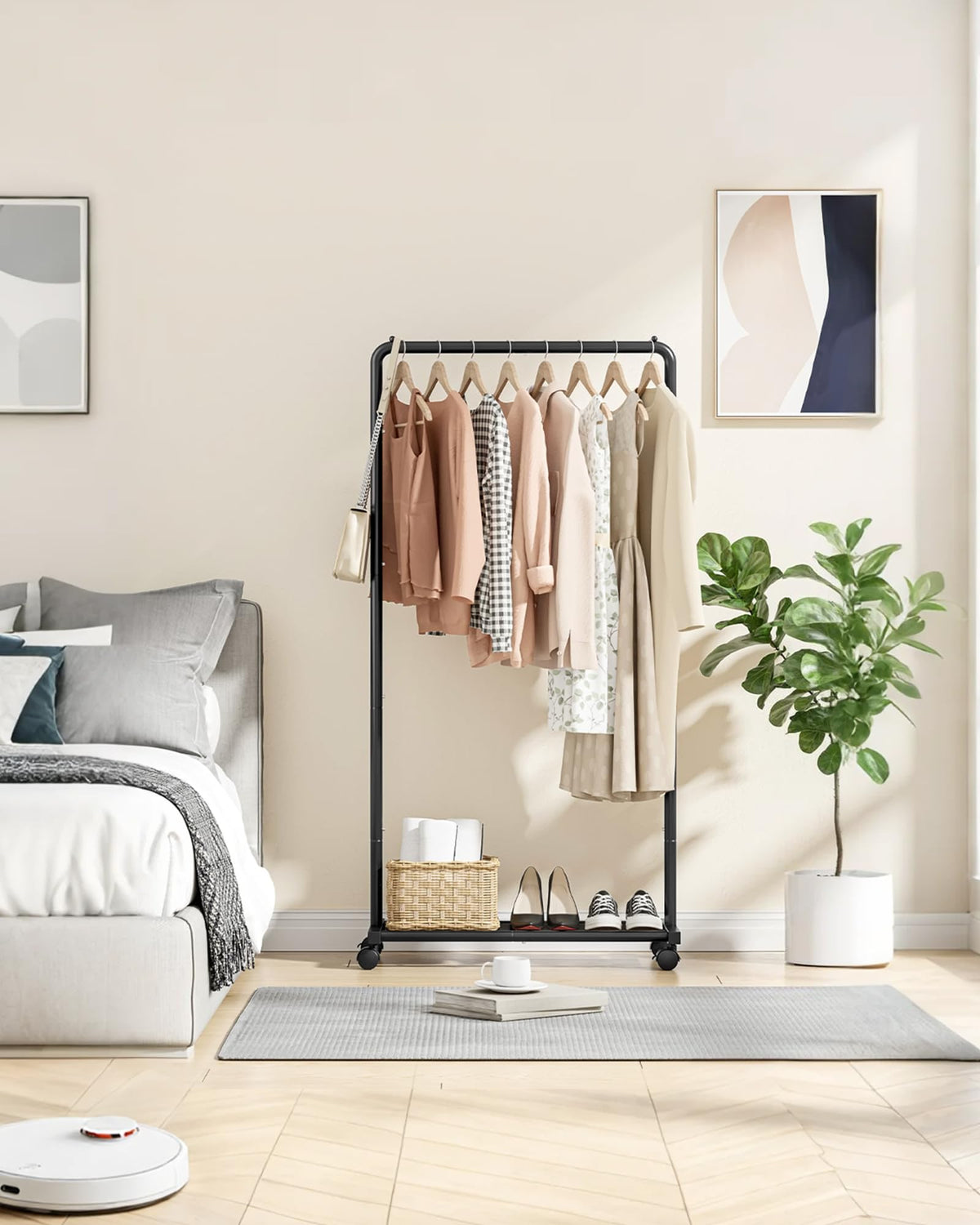 Sakugi Clothing Rack - Movable Multi-Functional Coat Rack with 4 Universal Wheels, Long-Lasting Metal Clothes Rack with Extra Storage Shelf for Bedroom, Office, Laundry(Black, 73W x 43.5D x 150H cm) ๐ All In One Marketplace Canada
